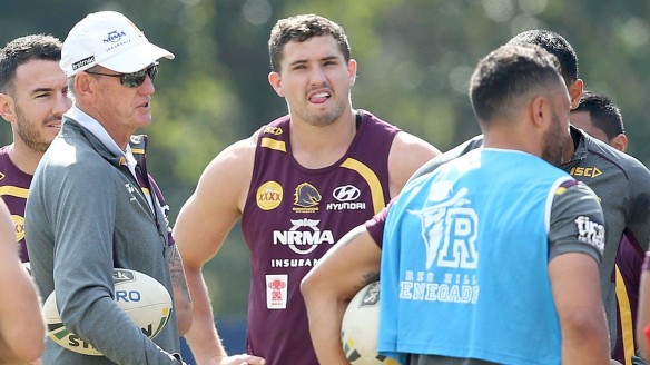 Time to talk: Wayne Bennett addresses the players at Brisbane training on Wednesday.