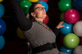 Artist Noemi Lakmaier will be lifted up by 20,000 balloons for nine hours at Sydney Opera House on Sunday. 