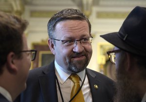 Deputy assistant to President Trump, Sebastian Gorka, talks with people in the Treaty Room in the Eisenhower Executive Office Building on the White House complex in Washington, Tuesday, May 2, 2017, during a ceremony commemorating Israeli Independence Day.