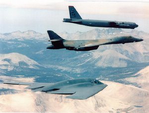 Contemporary US strategic bombers; B-52, Rockwell B-1 Lancer and B-2 Spirit.A strategic bomber is a heavy bomber aircraft designed to drop large amounts of ordnance onto a distant target for the purposes of debilitating an enemy's capacity to wage war.