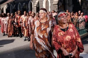 Stars of The Song Keepers, the Central Australian Women's Aboriginal Choir, outside the German Lutheran Trinity Church ...