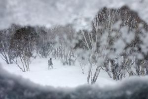 A snowboarder coming down Thredbo in strong winds and heavy snow, on Sunday 6 August 2017. Photo: Alex Ellinghausen
