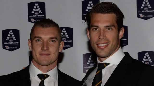 Dustin Martin with Alex Rance at the All Australian dinner on Wednesday.