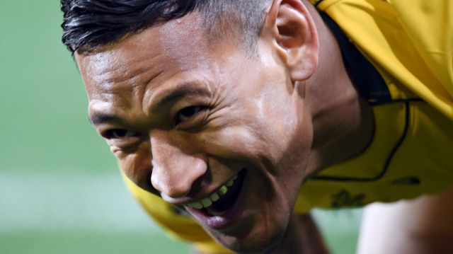 Israel Folau of Australia celebrates the opening try against New Zealand in the Investic Rugby Championship test match ...