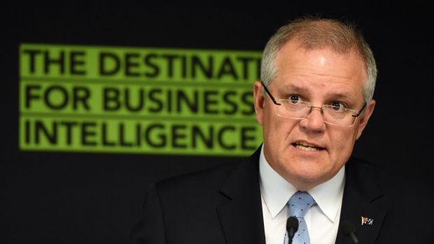 Federal Treasurer Scott Morrison delivers a speech at the Bloomberg office in Sydney.