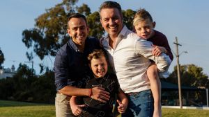 Simon Duffy and his partner Wally Murphy with their sons, Corey (12) and Val (6), in Rozelle.