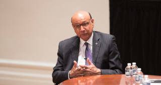 Khizr Khan spoke at the Miller Center last week about backlash he and his wife received after the Democratic National Convention. Sanjay Suchak/UVA Communications