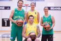 Matthew Dellavedova (Boomers), Kelsey Griffin (Opals), Leanna Del Toso (Gliders) and Josh Allison (Rollers) wear ...