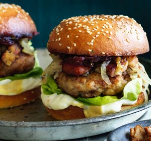 Turducken burger with bacon and brown bread stuffing.