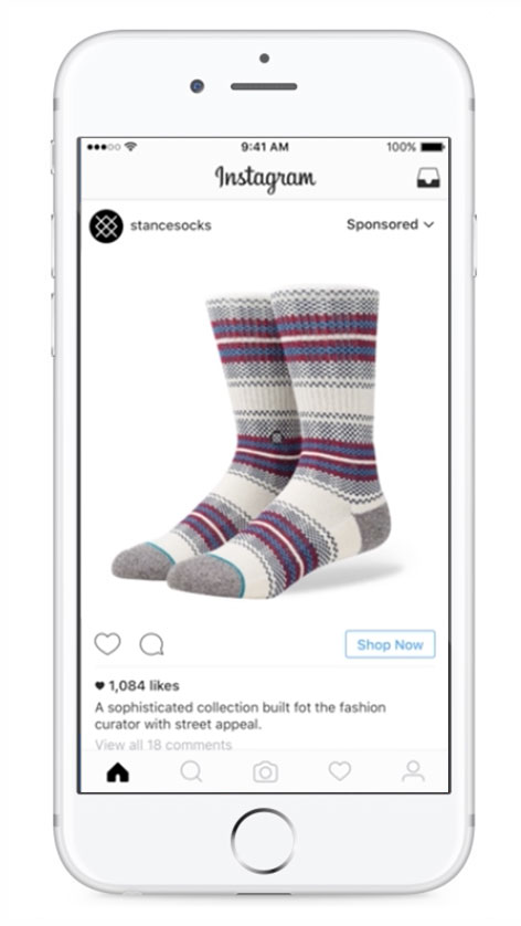 Exemplu de reclamă Facebook cu montaj publicată de Stance Socks pe mobil