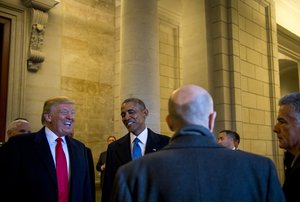 U.S. President Donald J. Trump and Former U.S. President Barack Obama wait to exit the east front steps for the departure ceremony during the 58th Presidential Inauguration in Washington, D.C., Jan. 20, 2017