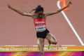 Kenya's Beatrice Chepkoech crosses the water jump in the women's 3000m steeplechase final, after initially sailing past it.