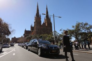 The hearse leaves at the end of the State Funeral for The Honourable John Richard Johnson at St Mary's Cathedral in Sydney