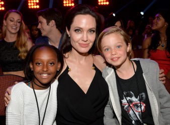 Angelina Jolie with two of her children, Zahara Marley Jolie-Pitt (L) and Shiloh Nouvel Jolie-Pitt.