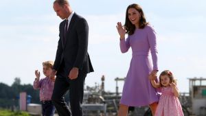 Britain's Prince William, his wife Kate, and their children, Prince George and Princess Charlotte in Germany on Friday, ...