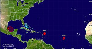 NOAA image from 9:23 a.m. Tuesday, 5 September 2017 showing Tropical Storm Jose on the heels of Hurricane Irma.