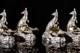 Four English silver kangaroo salt cellars sold for $86,800 at Leonard Joel's Fairfax sale.