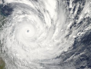 Satellite image of Severe Tropical Cyclone Yasi approaching Queensland, Australia on 2 February 2011