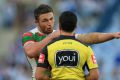 Tough gig: Sam Burgess makes his point to referee Matt Cecchin.