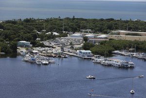 An aerial view of a marina, Wednesday, Sept. 6, 2017, in Islamorada, Fla. Keys officials announced a mandatory evacuation Wednesday for visitors, with residents being told to leave the next day.