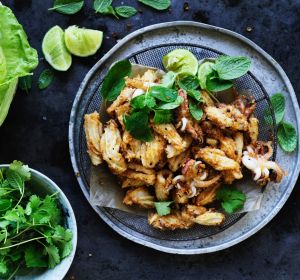 Chilli salt and pepper squid lettuce cups.