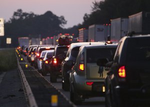 Traffic backs in the north-bound lanes of Interstate 75 near the Georgia-Florida state line as people flee Hurricane Irma Friday, Sept. 8, 2017, in Jennings, Fla..