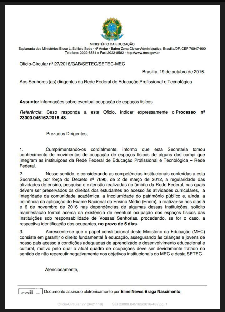 Ofício Circular n°27/2016/GAB/SETEC/SETEC-MEC / PROCESSO N° 23000.045162/2016-48 - Data: 19 Outubro 2016