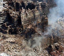 Ground Zero, New York City, N.Y. (Sept. 17, 2001) -- An aerial view shows only a small portion of the crime scene where the World Trade Center collapsed following the Sept. 11 terrorist attack.