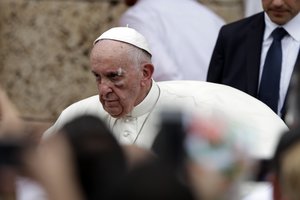 After he suffered a bruise to his left cheek that resulted in some blood dripping onto his white cassock. Pope Francis prepares for a Sunday Angelus next to the San Pedro Claver church in Cartagena, Colombia, Sunday, Sept. 10, 2017.