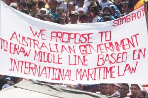 At least 10,000 people protest in Dili last year against Australia's stance on the oil and gas meridian line in the ...