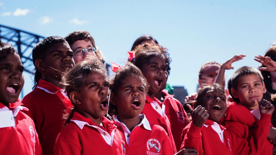 Students from the remote community school of Yakanarra after the performance of the Yakanarra Song Book at the Sydney ...