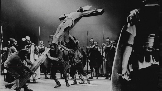 The Passion Play in 1970:  the cross is hauled into position.