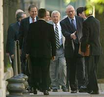 There were no pictures allowed of the Bush and Cheney joint testimony before the 9/11 Commission. Here are commissioners Thomas Kean, Fred Fielding, and Lee Hamilton preparing to begin the testimony.