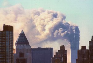 The north tower (1 WTC) of the World Trade Center after the September 11 attacks in New York, New York, United States. By this time, the south tower (2 WTC) had already collapsed.