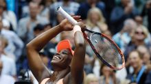 Sloane Stephens, of the United States, reacts after beating Madison Keys, of the United States, in the women's singles ...