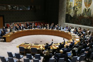 The United Nations Security Council votes to pass a new sanctions resolution against North Korea during a meeting at U.N. headquarters, Monday, Sept. 11, 2017.