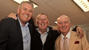 2GB's Ray Hadley, majority shareholder John Singleton and Alan Jones celebrate their radio ratings success in 2016.