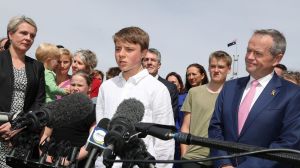 Eddie Blewett with Opposition Leader Bill Shorten after he addressed the media in support of same-sex marriage outside ...