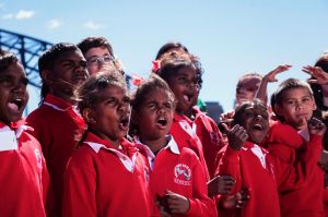 Students from the remote community school of Yakanarra after the performance of the Yakanarra Song Book at the Sydney ...