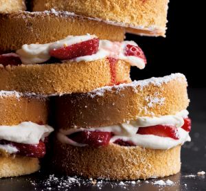 Stacks on: Victoria sponges sandwiched with strawberries and white chocolate cream.