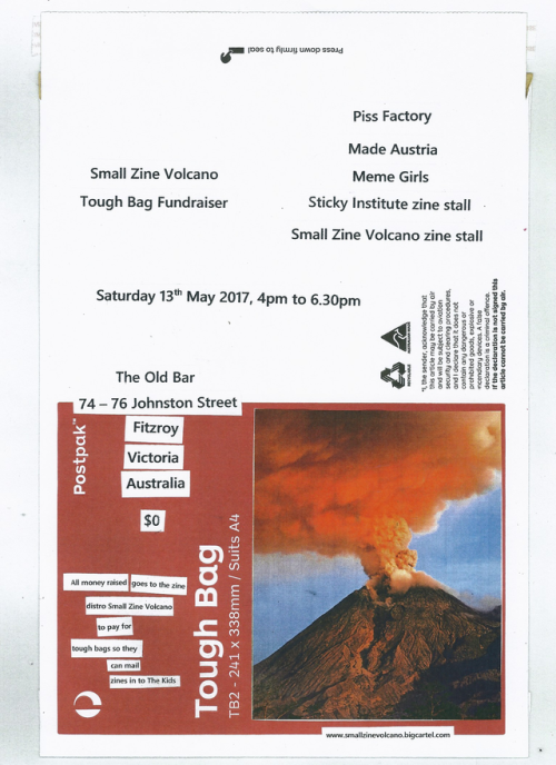 The Small Zine Volcano Tough Bag Fundraiser gig is a benefit show with all money going to the zine distro Small Zine Volcano.
The distro will use all money raised to buy Australia Post Tough Bags to send free zines to anyone who orders them.
Playing...