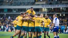 Wallabies players celebrate a try by Nick Phipps during the Rugby Championship's fourth round clash between Australia ...