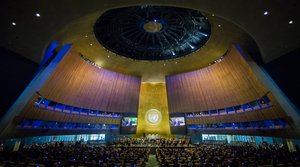 A view of the General Assembly Hall as Secretary-General Ban delivers remarks at the performance while New York Philharmonic Performs