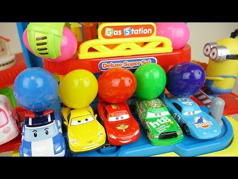 Cars and Poli car toys station surprise eggs play