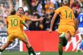 Super strike: Lisa De Vanna celebrates her opening goal at Pepper Stadium in Sydney.