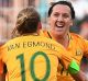 Super strike: Lisa De Vanna celebrates her opening goal at Pepper Stadium in Sydney.