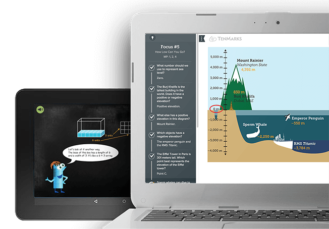 Common Core math lessons on computer and tablet screens