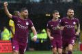 Many more: Sergio Aguero celebrates scoring his side's first six goals, on his way to three of his own.