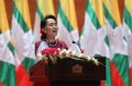 Myanmar's State Counsellor Aung San Suu Kyi delivers a televised speech to the nation in Naypyitaw on Tuesday.