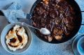 Burnt orange and chocolate bread-and-butter pudding.